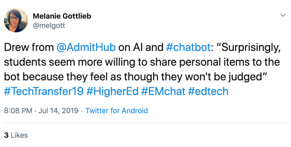 Tweet about non-judgemental higher ed chatbots