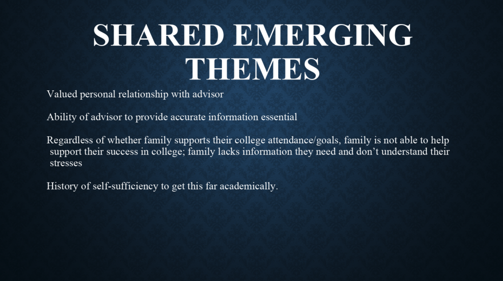 Shared Emerging Themes from Academic Advising Research for first-generation students of color in higher ed